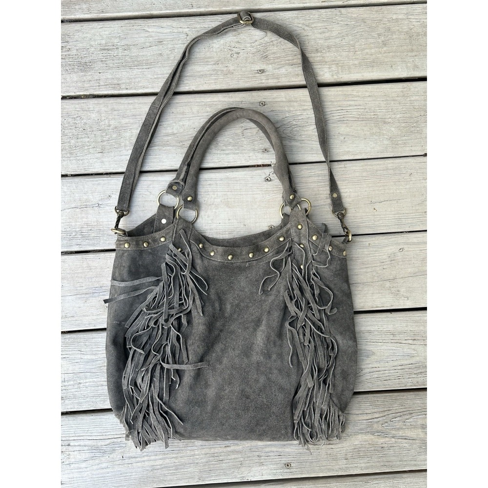 Gray Suede Fringe Hobo Bag Boho Western Studded Large Crossbody Raj - Picture 2 of 7